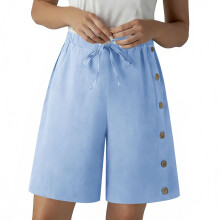 Womens Button Side Linen Shorts, Lightweight Loose-Sky Blue XL
