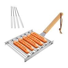 Hotdogroller, Roestvrijstalen Worstrollerrek met Houten Handvat, BBQ-Hotdoggrill voor Gelijkmatig Gekookte Hotdog