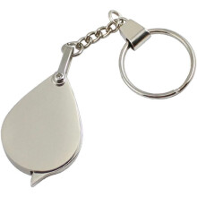 Draagbare optische vergrootglas met metalen handgreep, inklapbare lens en sleutelhangertje.