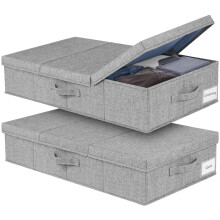 JUPELI 48L Rigid Under Bed Storage Boxes with Lids,15 cm High, 2Pack, Grey | Rigid Top, Sides & Bottom, Foldable and Stackable Design, for Clothes