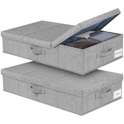 JUPELI 48L Rigid Under Bed Storage Boxes with Lids,15 cm High, 2Pack, Grey | Rigid Top, Sides & Bottom, Foldable and Stackable Design, for Clothes