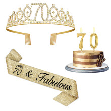 Amosking 70th Birthday Decorations for Women-Gold Sash Tiara Candles
