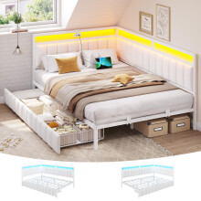 DICTAC Double Bed Frame with 2 Storage Drawers,Charging Station and Led Lights 4ft6 Double Daybed with Storage 135x190 Corner Platform Bed with