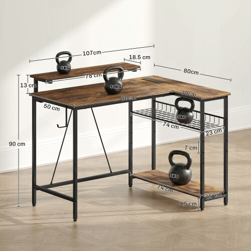 Homcom HOMCOM L Shaped Desk with LED Lights and Storage, Rustic Brown 1