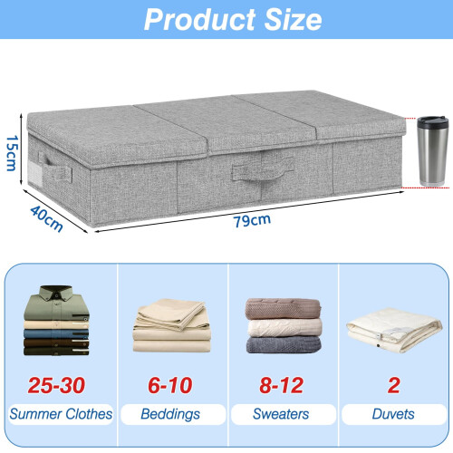 JUPELI 48L Rigid Under Bed Storage Boxes with Lids,15 cm High, 2Pack, Grey | Rigid Top, Sides & Bottom, Foldable and Stackable Design, for Clothes 2