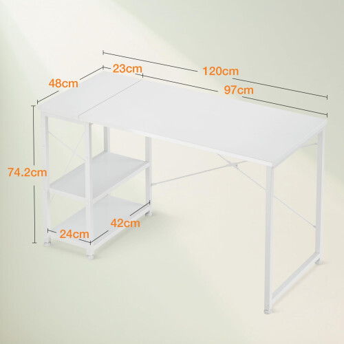 ODK Desk with Storage Shelves, Small Computer Desk, 120 x 48 cm, White 2