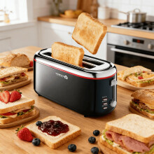 HOMILEC 4 Slice Toaster Black - Extra Wide Long Slots for Breads, Crumpets and B