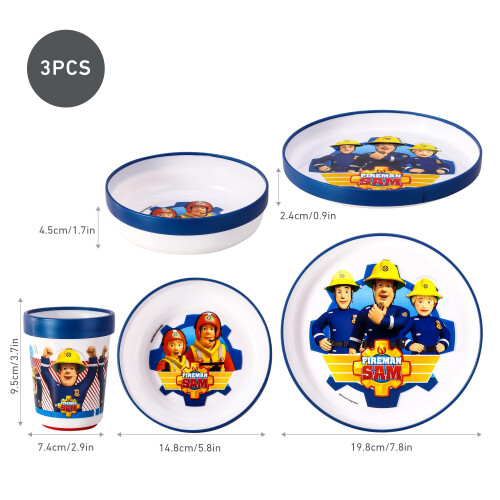 Fireman Sam 3pcs Reusable Bicolor Premium Kids Dinner Tableware Set Plate, Bowl 1