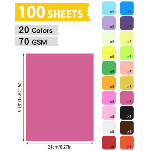Caianwin 100 Sheets A4 Coloured Paper, Multicoloured Origami Paper 1