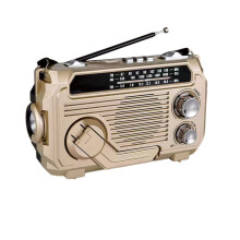 Radio solar de emergencia con AM/FM/SW, linterna, cargador USB y portátil para exteriores.