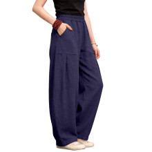 Pantalon à jambes larges en lin pour femmes,-Bleu marine L