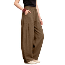Damen-Hose aus Leinen mit weitem Bein, lässig,-Dunkelbraun S