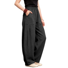 Damen-Hose aus Leinen mit weitem Bein, lässig,-Schwarz XL