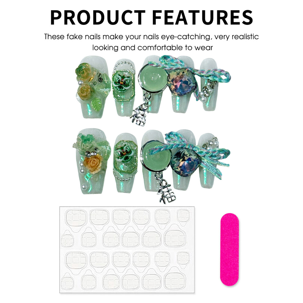 Penghui-Toys (Xs) New Chinese Style Green Press On Nails Natural Unbreakable Nail Simple Wear For Fingernail Diy Decoration