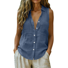 Ärmellose Button-Down-Hemden für Damen, Baumwoll-Leinen,-Blau M