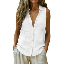 Ärmellose Button-Down-Hemden für Damen, Baumwoll-Leinen,-Weiß S