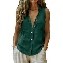 Ärmellose Button-Down-Hemden für Damen, Baumwoll-Leinen,-Grün S