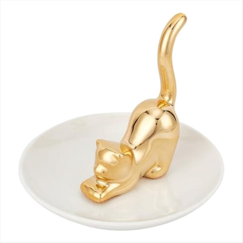 Ringhalter in Katzenpose, goldene Katzenschwanzschale, Schmucktablett
