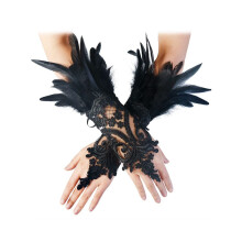 Spitzenhandschuhe mit Federn, Schwanenflügel-Armbänder, schwarze Accessoires für Hexen- und Engelskostüme
