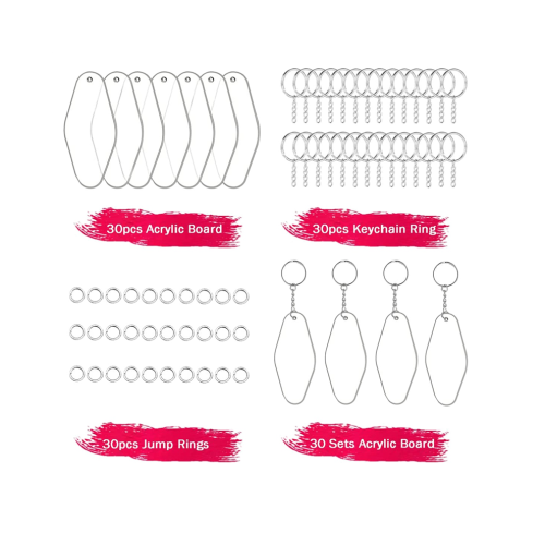 Includes 30 acrylic plates, 30 key ring ties and 30 jump rings 1