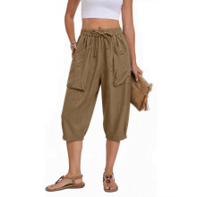 Linen Pants for Women Elastic Waist Drawstring Baggy-Coffee XXL