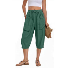 Linnen broek voor dames, elastische taille, wijde broek-Groen XL