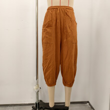 Pantalon en lin pour femmes, taille élastique, cordon de-Noir XL