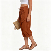Pantalon en lin pour femmes, taille élastique, cordon-Beige XXXL