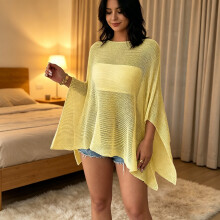 Modern Casual Sheer Poncho Shawl for Women Crochet-Yellow S