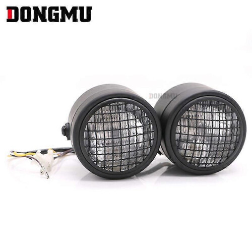 (Black Shell)Motorcycle Headlight Retro Modified Headlight Grid Double Lamp Headlight Harley Double