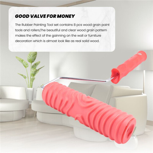 8 Pcs Wood Graining Painting Tool Set, Rubber Empaistic Grain Pattern Roller with Handle, for DIY Wall Room Decoration 2