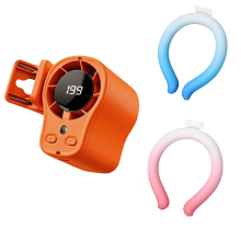 Tragbarer Clip-Ventilator mit Kühlring, wiederaufladbar, orange Farbe.