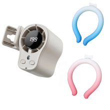 Ventilador portátil con clip y anillo de refrigeración, recargable, color blanco.