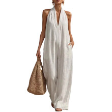 Jumpsuit met V-hals, lichtgewicht stoffen broek, ideaal-Wit XL