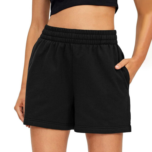 Women's  drawstring pocket athletic shorts, comfortable-Black M
