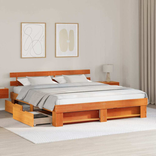 VidaXL vidaXL Bed Frame with Headboard Wax Brown 200 x 200 cm Solid Pine Wood 1