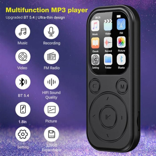 MP3 player, 128 GB, Bluetooth 5.4, 1.8-inch HD screen, portable, black 1