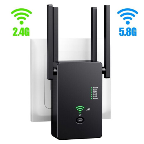 WiFi repeater/signal extender, 1200 Mbps, 3 access modes, stable connection, portable, black