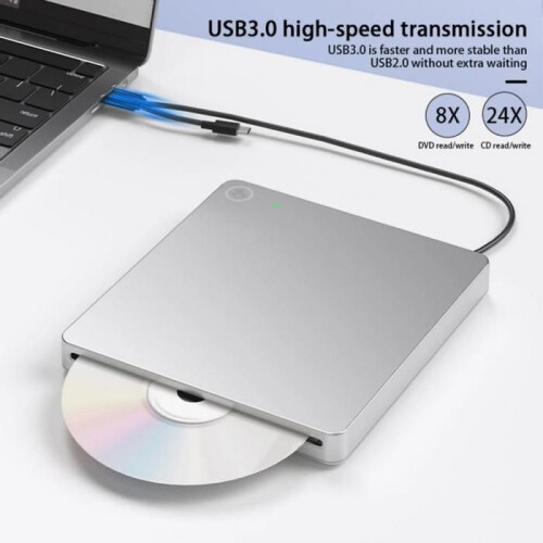 External optical drive, CD/DVD burner, USB 3.0, high-speed transfer, wide compatibility, plug-and-play, silver