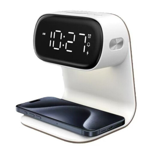 Multifunctional clock, LED display, wireless phone charging, 3-level brightness adjustment, white