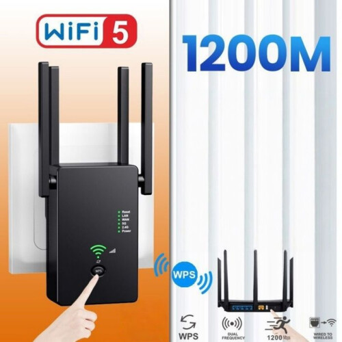 WiFi repeater/signal extender, 1200 Mbps, 3 access modes, stable connection, portable, black 1