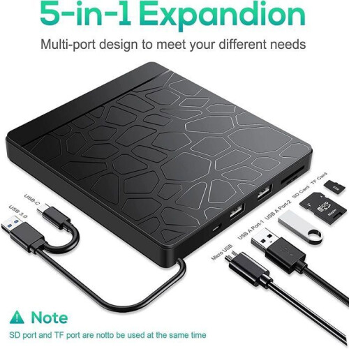 External optical drive, compatible with DVD/CD, SD/TF, USB 3.0/Type-C, widely compatible, plug and play, black 1