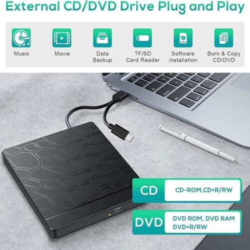 External optical drive, compatible with DVD/CD, SD/TF, USB 3.0/Type-C, widely compatible, plug and play, black 2