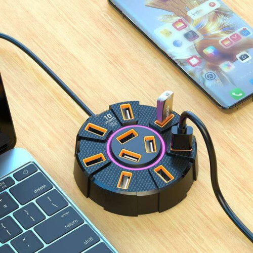 Διανομέας, 10 θύρες USB, καλώδιο 1,2 μέτρων, φωτισμός RGB, ευρεία συμβατότητα, plug and p 1
