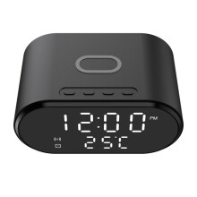 Klok, led-display, alarmfuncties, temperatuurweergave, 15W draadloos opladen voor mobiele telefoons, zwart