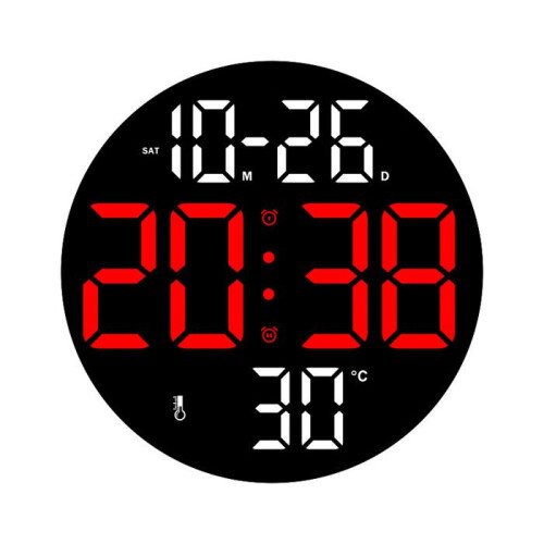 Clock, LED display, two alarms, humidity indicator, elegant, 23 x 3.3 cm, red