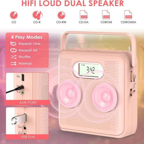 CD player, Bluetooth, ποιότητα ήχου Hi-Fi, 4 λειτουργίες αναπαραγωγής, AUX/USB, φορητό, ροζ 2
