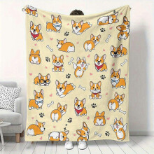 (60x50in 150x125cm) Cozy Corgi Dog Blanket - Ultra-Soft Flannel Throw with Beige Background, All-Season Warmth for Couch, Bed, Camping, Trav-QAZXC235