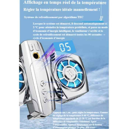 Mobile phone cooler, dual fan, digital display, temperature control, silver 2