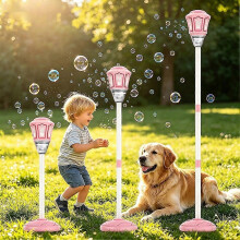 (Pink) Street Lamp Bubble Machine with Remote Control Colorful Lights Outdoor Party